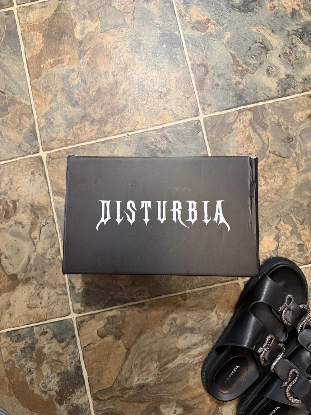 Disturbia Black Slide Sandal with Snake Buckles